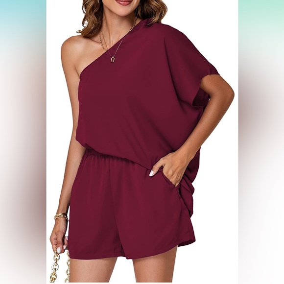 Womens one shoulder cutout batwing sleeve short romper jumpsuit size Large - Picture 4 of 13